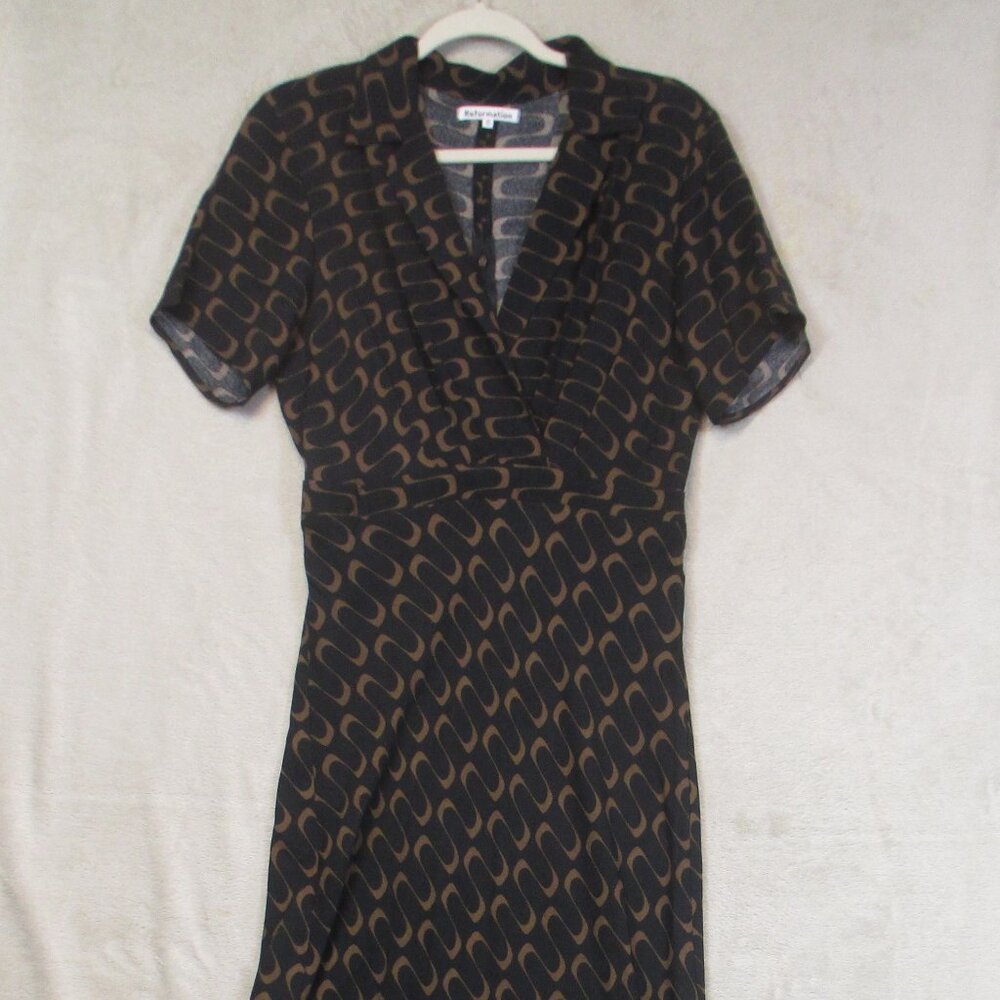 Reformation Dress Danika Womens M Geometric Black Tan Maxi Viscose Short Sleeve